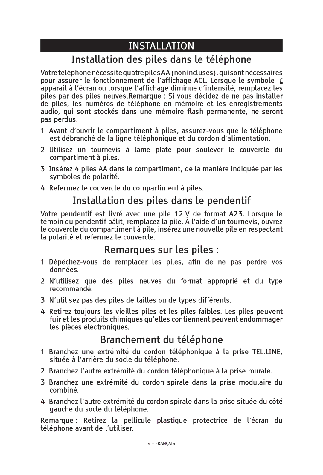 ClearSounds TALK500 ER manual Installation des piles dans le téléphone, Installation des piles dans le pendentif 